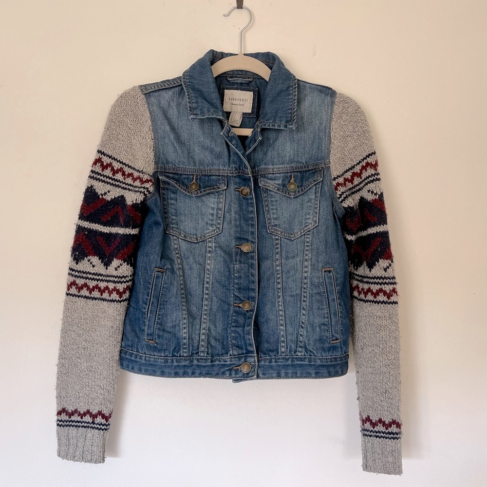 Super Cute Denim Jacket with Knitted Sweater Sleeves